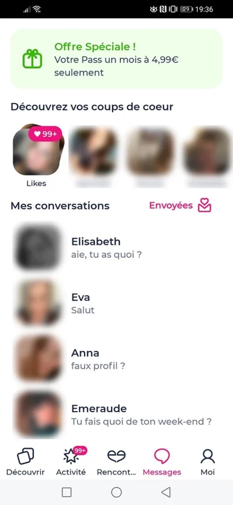 Menu "Messagerie" app Meetic