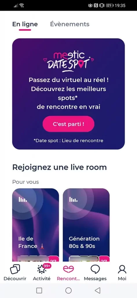 Menu "Rencontres" app Meetic