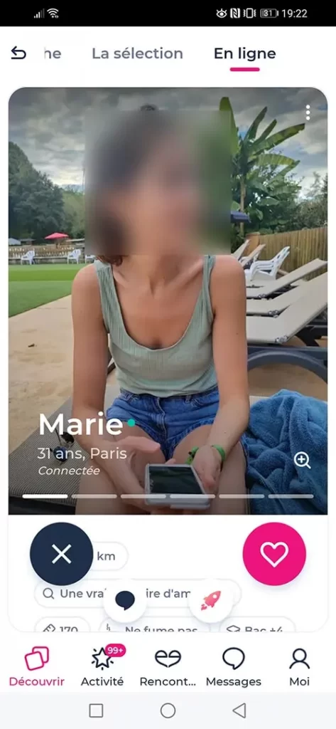 Onglet "En ligne' app Meetic