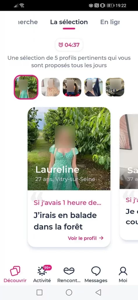 Onglet "La séléection" app Meetic