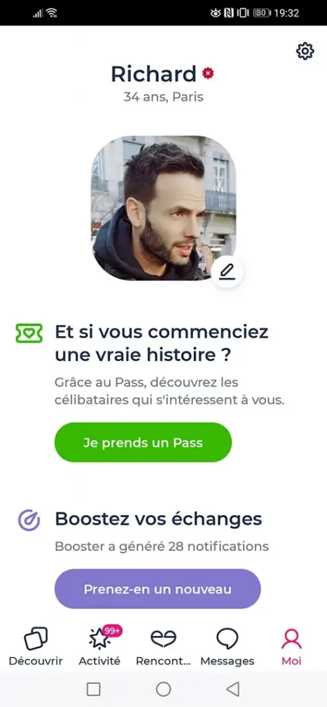 Profil sur l'app Meetic